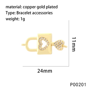 Detailed view of a gold-plated heart-shaped padlock charm with zircon inlays and dimensions