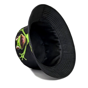 Detail of creative frog print on a black cotton bucket hat with quilted brim texture