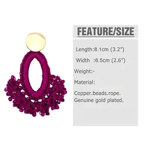 Detailed size chart for handmade purple beaded bohemian tassel earrings with dimensions