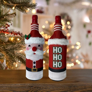 Festive knitted Christmas wine bottle covers with Santa Claus and HO HO HO embroidery designs