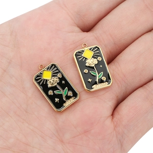 Black and gold stainless steel Lovers tarot card rectangle pendant with flower design