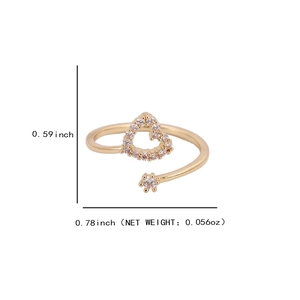Adjustable gold heart ring with micro-set zircons and precise size measurements