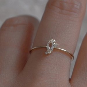Minimalist 925 sterling silver marquise cut ring on hand in golden finish