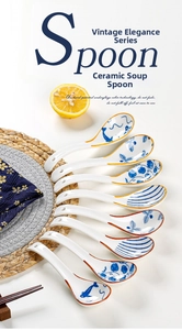 Macro view of blue floral ceramic spoons with hand-painted underglaze patterns