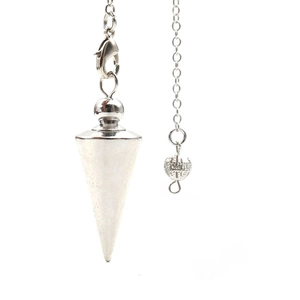 Close-up of a silver copper conical pendulum pendant with a fine metal chain link