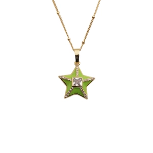 Elegant gold chain necklace with green enamel star pendant and zircon crystal center