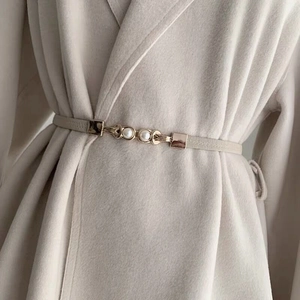 Women Elastic Thin Waist Belt PU Leather Alloy Elegant Faux Artificial Pearl Buckle French Retro Dress Coat Decorative Accessory