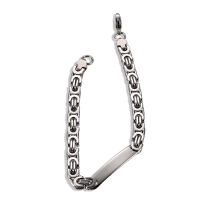 Macro detail of silver stainless steel byzantine chain bracelet with blank engraving plate
