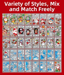 Collection of various Christmas stickers featuring Santa, reindeer, and snowflakes on red background
