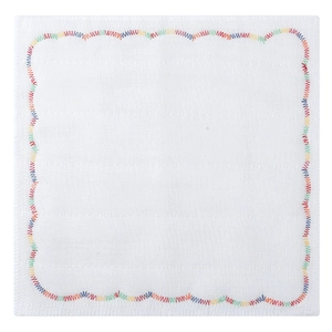White cotton dishcloth with multi-colored rainbow stitched edges for kitchen cleaning
