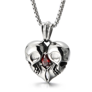 Punk vintage heart skull pendant with red gemstone and silver box chain for couples