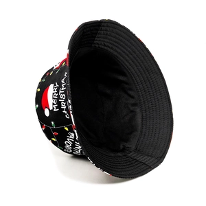 Detail view of the black cotton bucket hat with Merry Christmas and neon light prints