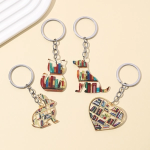 Acrylic animal and heart-shaped keychains with colorful bookshelf patterns and metal rings
