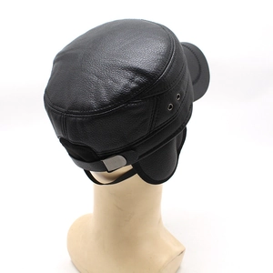 Black leather flat top cap with ear flaps and lychee texture for winter outdoor warmth