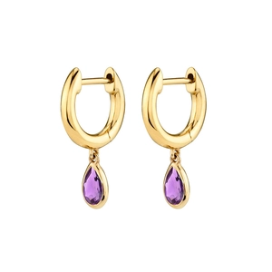 Elegant gold hoop earrings with pear-cut purple zircon stone pendants in high polish