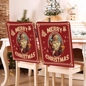 Christmas Santa Claus chair covers with Merry Christmas text in a festive home setting