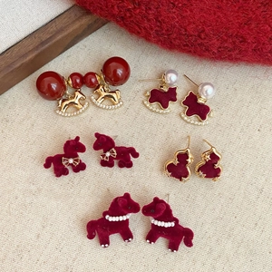 Red Flocking Little Horse Artificial Pearl Stud Earrings With 925 Sterling Silver Earring Post Vintage Zircon Alloy Festive Jewelry For Women