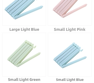 Macro detail of assorted snack bag sealing clips in multiple sizes and pastel colors
