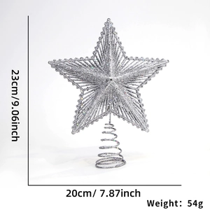 Silver hollow glitter star tree topper with spiral base measuring 23cm height and 54g