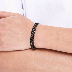 Fashionable street style double-layer Cuban chain bracelet in black and gold stainless steel