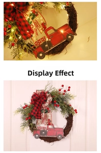 Close-up and full view of Christmas wreath with LED lights, red truck, and plaid bow
