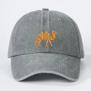 Vintage grey washed denim baseball cap with yellow camel embroidery and adjustable strap