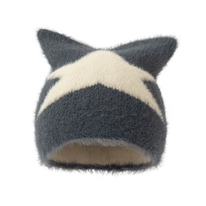 Winter knitted cat ear beanie with star pattern and soft plush fur finish in grey
