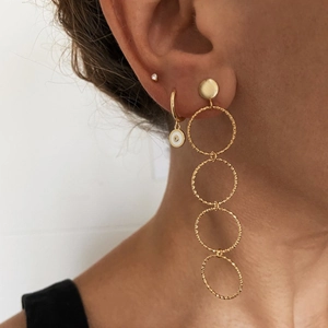 Elegant gold-plated S925 silver needle drop earrings with white enamel round charms