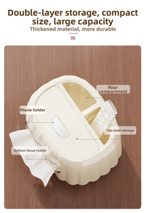 Cream-colored desktop organizer tissue box with phone stand and remote holder compartments