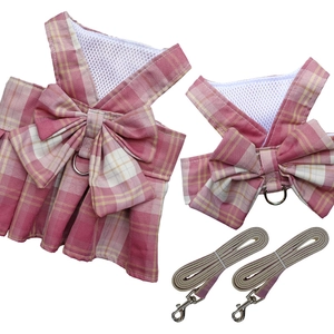 Detailed set of pink plaid dog harness dress and matching leash with breathable mesh