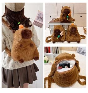 Detail of Capybara plush backpack showing spacious interior and cute floral decorations