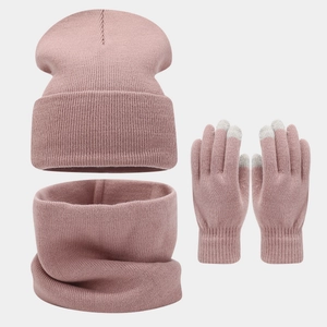 Three-piece winter set with ribbed knit beanie, thick scarf and touch-screen gloves in pink