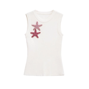 Women Ribbed Knit Tank Top Sleeveless Starfish Bead Embroidery Slim Fit Summer Casual White