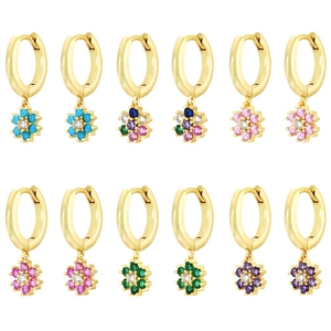 French vintage gold hoop earrings set with colorful zircon flower pendants in 6 colors