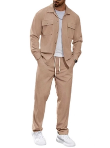 Detail of khaki men's casual two-piece set featuring textured fabric and drawstring waist