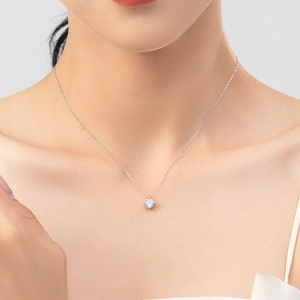 Elegant S925 sterling silver solitaire diamond necklace worn by a model on collarbone