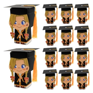 Doctor hat graduation favor boxes with yellow tassels and cartoon student illustration