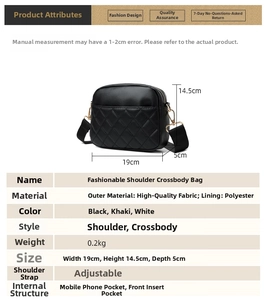Detail showing dimensions and material specifications for this quilted shoulder bag