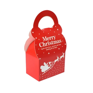Red Merry Christmas gift box with Santa Claus silhouette and handle for holiday packaging