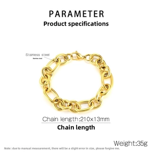 Detail view of 13mm gold stainless steel chunky link chain with lobster clasp and dimensions