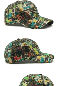 Detailed view of colorful sequin baseball cap with shimmering multi-color plaid patterns
