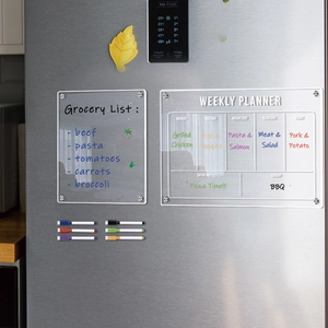 Magnetic acrylic weekly planner and grocery list set for fridge with markers and eraser