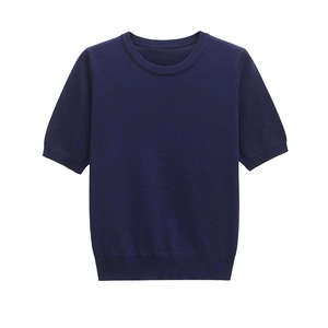 Navy blue short sleeve knit sweater with a round neck displayed on a plain white background