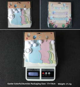 Detailed packaging view showing Easter bunny paper banners with pompom tails and weight specs