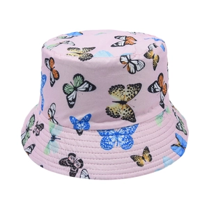 Pink bucket hat with colorful butterfly print and reinforced brim for sun protection