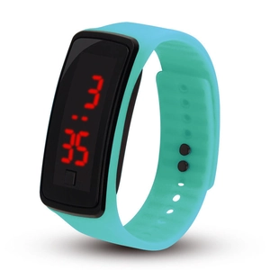Detail view of the blue silicone LED digital sport watch with a rectangular black screen