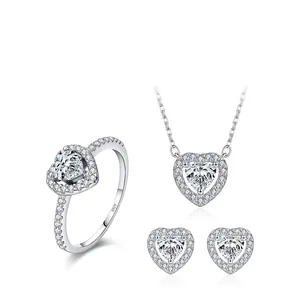 Heart Moissanite Necklace Earrings And Ring 925 Sterling Silver Jewelry Elegant Romantic Sparkly Gift For Women