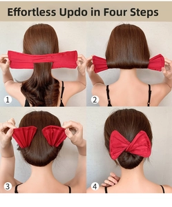 Four-step tutorial showing how to use the red bow hair bun maker for quick styling