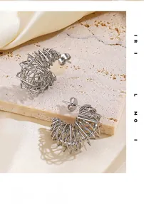 Detail of silver twisted wire C-shape earrings on silk and stone background