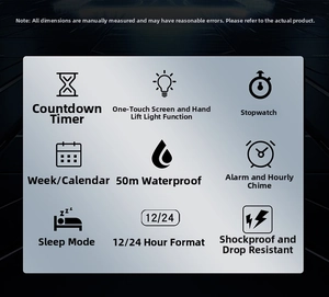 Detailed interface showing 50m waterproof, alarm, and smart backlight sports watch features